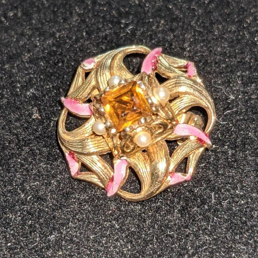 Vintage Pink and Golden Brooch Rhinestones Faux Pearls Enamel Accents Small Pin